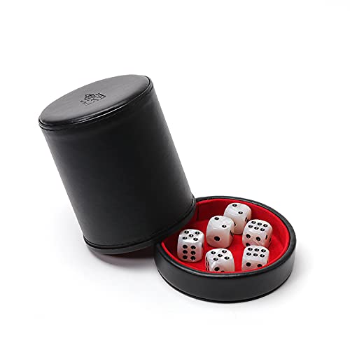 Luck Lab Black Leather Dice Cup With Lid Including 6 Matching Pearl Dice - Red Velvet Interior For Quiet Shaking - Use For Liars Dice Farkle Yahtzee Board Games, Black #TOP1