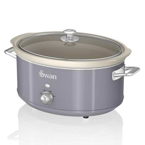 Swan Retro SF17031GRN Olla Cocción Lenta 6,5L Recipiente Extraíble, Antiadherente Cerámica libre PFOA y PTFE, 3 Niveles Temperatura, Tapa Vidrio, Slow Cooker, Diseño Vintage, Gris, 320W