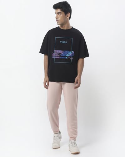 Image of Bewakoof Men's Graphic Printed 100% Cotton T-Shirt - Oversized Fit, Round Neck, Half Sleeves