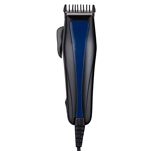 Carmen C81084 Men’s Signature Mains Powered Hair Clippers with 4 Interchangeable Heads and Adjustable Cutting Blade, Black/Blue