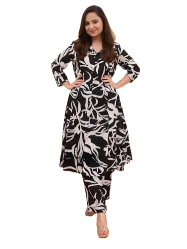 Image of Leriya Fashion Women's Cotton Printed A-Line Kurti Pant Set | Abstract Leaf & Floral Kurta with Trouser Pant | Casual Ethnic Co-ord Set for Women Stylish | Elegant Anarkali Style Tunic Kurta Set