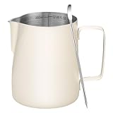Amrules Milk Frothing Pitcher, 12oz Milk Frother Cup with Clear Scale, 304 Stainless Steel Cappuccino Espresso Machine Accessories for Barista Coffee Bar with Latte Art Pen, White