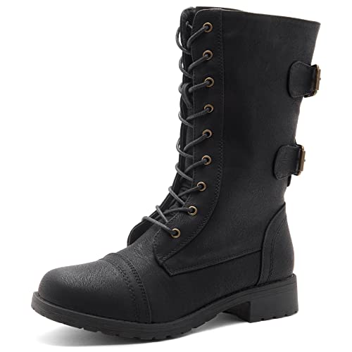 Herstyle Florence2 Women's Combat Booties Mid-Calf Boots Ankle Lace up Military Shoes, Black,Size 10.0