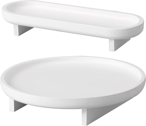 Image of 2 Pcs Round Wooden Decorative Tray, Coffee Table, Bathroom Vanity, Kitchen Counter, White, Rustic Wood Tray Decor
