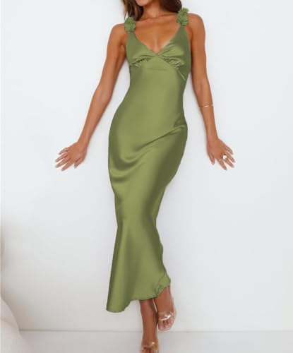 Image of Phicia Summer Satin Spaghetti Strap V Neck Midi Dresses for Women Wedding Guest Elegant Flower Backless Cocktail Formal Dress
