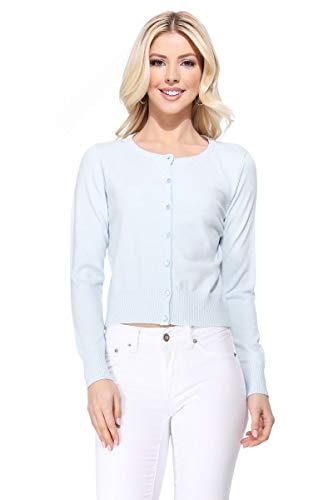 Image of Women's Cropped Cardigan Sweater - Long Sleeve Crewneck Basic Classic Casual Button Down Knit Soft Lightweight Top