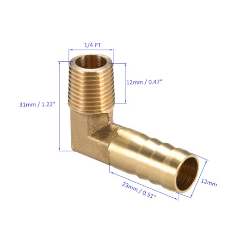 M METERXITY 2 Pack Brass Hose Barb Fittings - 90 Degree Elbow Brass 12mm Barbed Reducer Apply to Water Fuel (1/4 PT Male Pipe) - Image 3