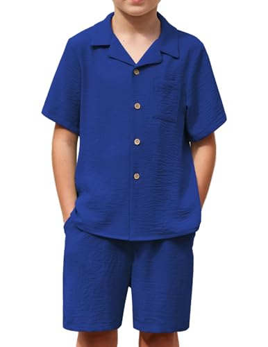 Image of Arshiner Boys 2 Pieces Summer Beach Outfits Short Sleeve Button Down Shirts and Shorts Vacation Texture Sets for Kids