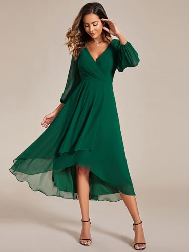 Image of Ever-Pretty Women's Chiffon V Neck Long Sleeves A-Line Midi Length Wedding Guest Dress Cocktail Party Formal Dresses 01926