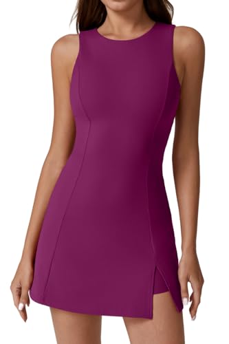 QINSEN Womens Crew Neck Tennis Dress Sleeveless Side Slit Golf Athletic Dress Build in Shorts with Pockets
