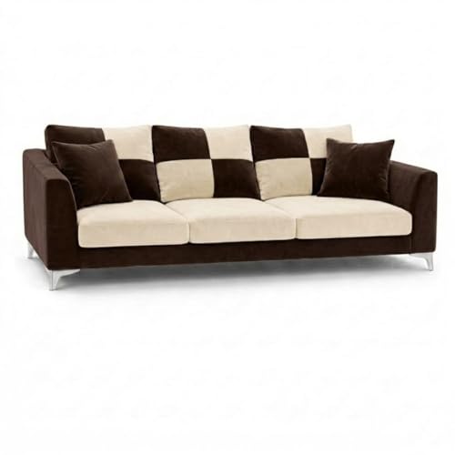 Image of Romeo Rich 4 Seater L Shape Sofa Set with Movable Ottomans | Flexible Layout | Velvet Suede Fabric | Golden Aesthetic Legs | Dual Tone Modern Sofa for Living Room (Dark Brown-Cream)