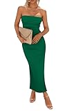 PRETTYGARDEN Women's Summer Bodycon Maxi Tube Dress Ribbed Strapless Side Slit Long Going Out Casual Elegant Party Dresses (Green,Medium)