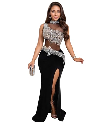 Image of Jigfar Women Sexy Elegant Rhinestone Mesh See Through Split Party Night Maxi Dress(FK3578,Black,3XL)