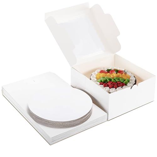 Packpal 20Pack 8x8x5 Cake Boxes with Window & Cake Boards (10 Boxes + 10 Boards), White Elegant Container for Cakes, Cookies, Wedding, Birthday, Mothers day, One-Piece Assembly