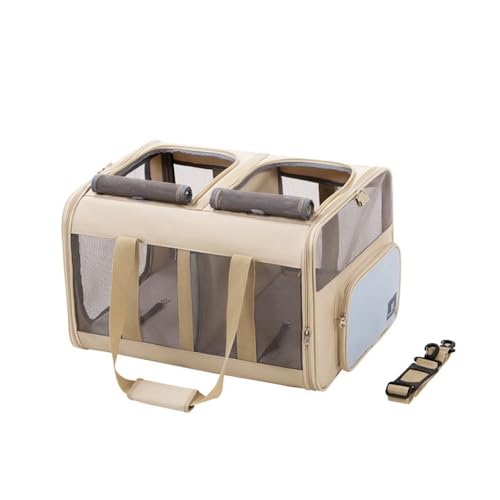 MCAESXH犬猫用携帯バッグ 2WAYショルダー型ペットバッグ かわいい ファッション トレンド ブランド 小型犬 中型犬 携帯可能で拡張可能なハンドバッグ 2匹の猫用両側隔離可能折りたたみ式シングルショルダークロスボディハンドペットバッグ (ベージュ