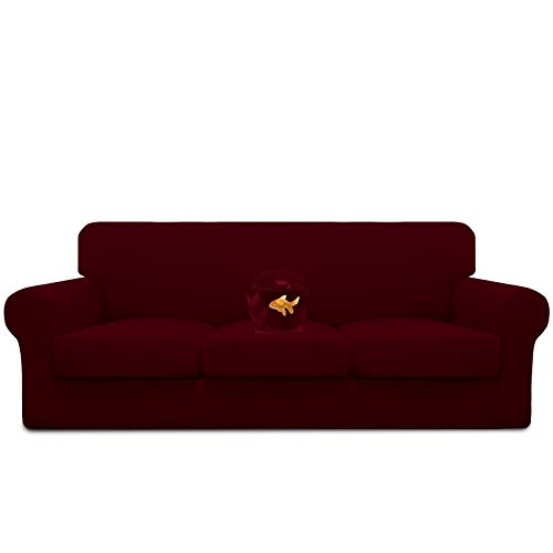 Image of Easy-Going Waterproof 4 Pieces Stretch Couch Cover for 3 Cushion Wine | 100% Dual Waterproof Sofa Slipcover for 3 Separate Cushion Couch Leakproof Furniture Protector for Kids, Pets