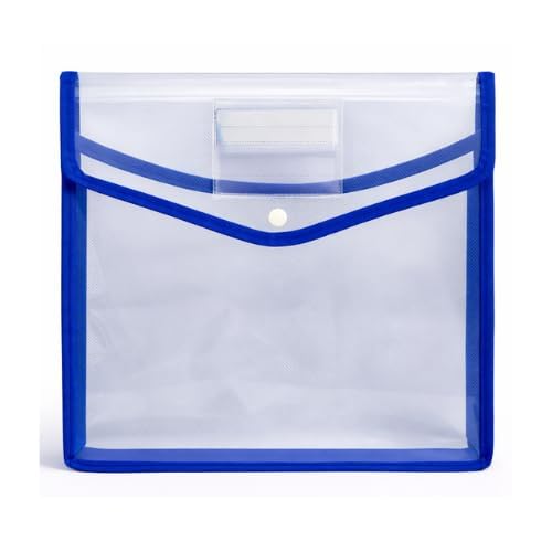 Image of LIKHIT Clear Document Folder Bag with Snap Button Closure | Transparent Plastic File Organizer with Blue Border | Waterproof A4 Document Holder for Office, School, Home & Travel
