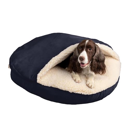 Snoozer Cozy Cave Dog Bed - Indoor Dog Bed with Cover Cave, Covered Calming Burrow for Medium & Large Sized Pets with Blanket Attached, Enclosed, Washable - XL, Navy