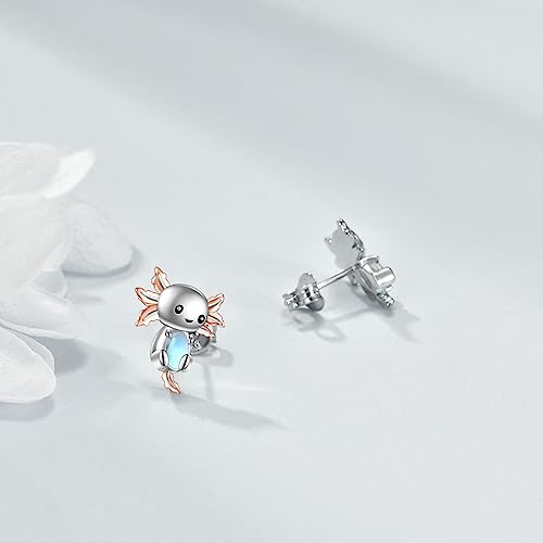 Axolotl/Cat/Owl/Elephant/Fox/Cow/Monkey/Frog Earrings for Women Sterling Silver Moonstone Cat's Eye Stone Aquamarine Turquoise Pearls Stud Earrings Jewelry Gifts for Women3