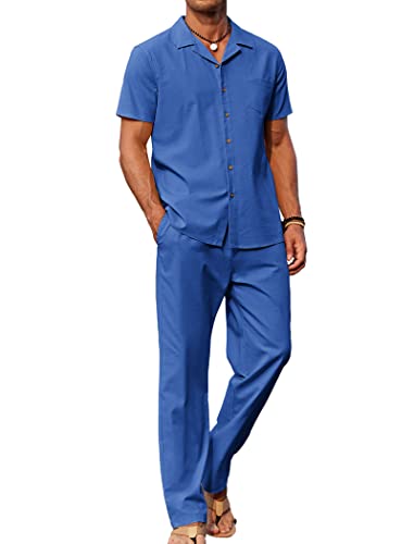 Image of COOFANDY Men 2 Piece Linen Outfit Beach Button Down Shirt Casual Loose Pant Sets