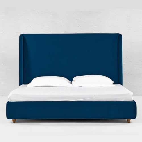 Image of Wooden Modern Upholstered King Size Bed for Bedroom | Wooden Double Bed Without Storage | Platform Cot Upholstered Bed with Upholstery Fabric | Engineered Wood | 6.5 x 6 Ft | Blue