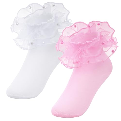 2 Pack Girls Ruffle Lace Socks Novelty Pearls Frilly Dress Fancy Ruffled Socks for Toddler Little Girls