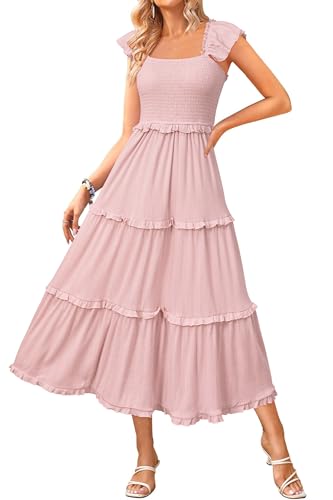 Image of Newshows Women's 2026 Summer Wedding Guest Dress Ruffle Sleeve Smocked Square Neck Long Flowy Tiered Maxi Sundress