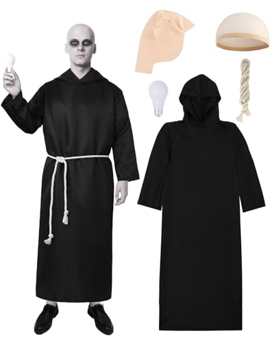 NTYNTY Uncle Fester Costume Set for Men - Long Black Robe Cord Belt Bald Cap PU Fake Light Bulb for Halloween Costume Party