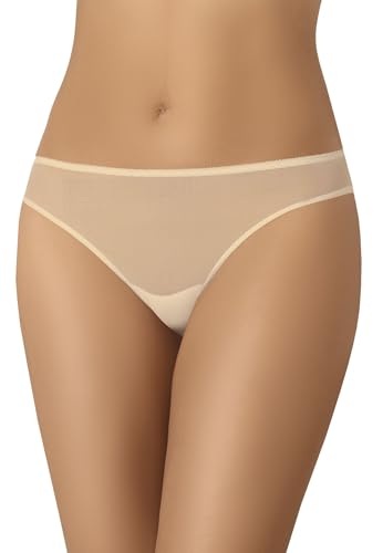 Teyli Slip Femme en Mesh Transparent – Bikinis et Slips Taille Basse pour Femmes – Slip Taille Basse avec Doublure en Coton. Beige M