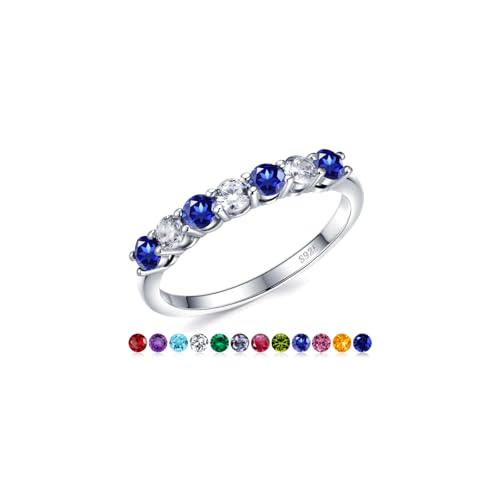 Iefil Birthstone Rings for Women - 925 Sterling Silver Half Eternity Band Rings, Created Gemstone, Birthday Anniversary Wedding Band for Women Wife, 7 Stone, Size 5 to 9