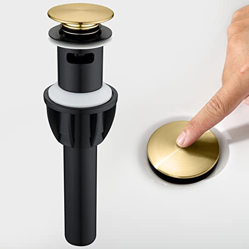 TIORIY Pop up Bahtroom Sink Drain with Overflow Brushed Gold Vessel Sink Drain for Bathroom Assembly Anti Clogging Bathroom Sink Stopper Suit for 1 3/4 Hole