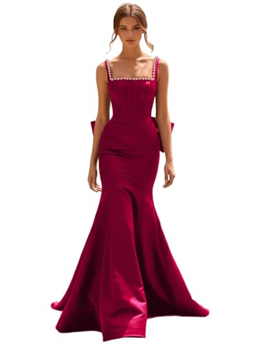 Womens Mermaid Long Prom Dress Elegant Square Neck Spaghetti Straps Formal Evening Party Dresses with Train Hot Pink 04