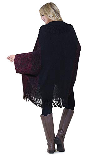 Knit Open Poncho - Sweater Versatile Kimono Cardigan Tassel, Classic Fringe Bolero, Plaid Wrap, Aztec Shawl (Fringe Tassel - Black) #TOP2