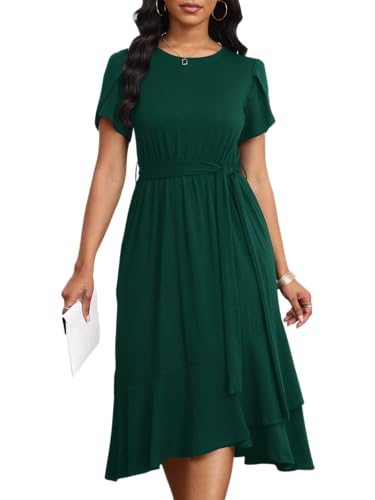 Image of PerZeal Women's Summer Dress Casual Ruffle Sleeve Crewneck A-Line Tiered Flowy Short Sleeve Long Dress with Belt