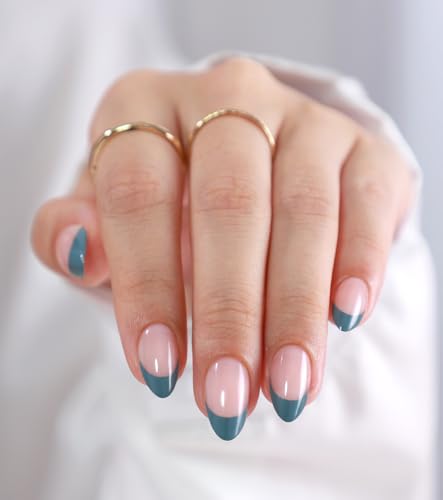Teal French Tip Press On Nails - GJZEZ Short Almond Soft Gel Millennial Green Fake Nails Press Ons