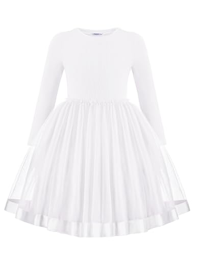Arshiner Niñas Jersey Vestidos Tul Niños Festivos Otoño Invierno Cuello Redondo Ocio Fiesta de Manga Larga Vestido para Niñas 13-14 Años Blanco