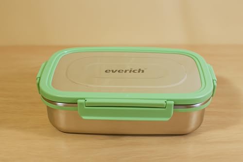 Image of Stainless Steel Lunch Box 1100ml | 4-Side Clip Lock | 100% Leakproof & Airtight Tiffin Box | Steel Lunch Box for Office & Kids | Green