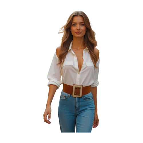 Women Fashion Wide Elastic Waistband Belt Big Square Buckkle Gold Studs Detail S M z042