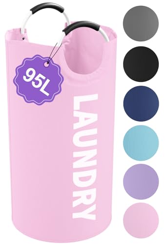 Image of 95L Large Laundry Basket with Handles, Foldable Clothes Hampers Stand Up Well, Waterproof Dirty Clothes Hamper, Rugged Laundry Basket for Flat, Dorm, Hotel, Pink