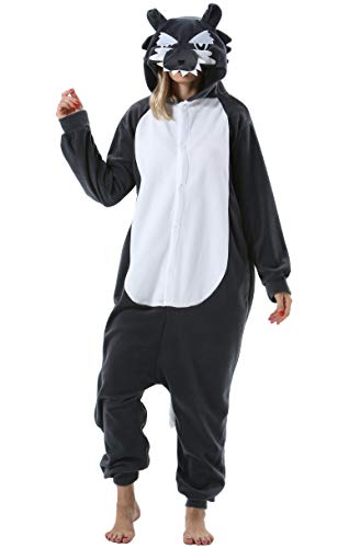 ULEEMARK Adulte Femme Homme Anime Animal Cosplay Halloween Costume Combinaison Pyjama Outfit Nuit Vetements Onesie Soiree de Deguisements Unisexe Gris Loup S