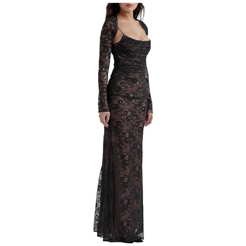 Robe longue en dentelle moulante sexy col carré style romantique d'été
