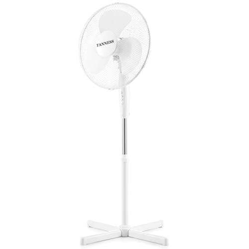 TANNESS 16 Oscillating Pedestal Fan - 3-Speed Quiet Cooling - Adjustable 120cm Stand - 80 Oscillation - Cross Base - Aluminium Motor - Floor Standing Fan for Home Office & Bedroom White