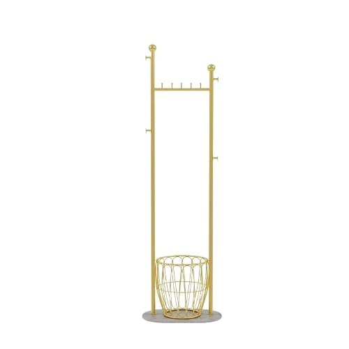 Dh2yjnbf3 Standing Wrought Iron Floor Coat Racks With Basket Household Bedroom Vertical Clothing Rack For Coats, Hats, Scarves And Handbags Hallway(Gold)