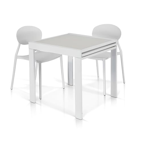 Mar.c.a. Design - Tavolo Allungabile Moderno fino a 180 cm, Piano in Vetro Bianco Opaco, Base in Metallo e Struttura Color Bianco - Mis. 90×90x75 cm