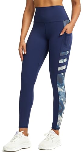 Tuspryt Legging de Sport pour Femme avec Poches - Opaque, Long, Yoga, Fitness, Course - 05 Bleu Foncé/Imprimé, M
