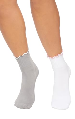 Wildfox Women's Ari Crew Scalloped Ankle Pilates Socks with Non-Slip Grip, 2-Pack