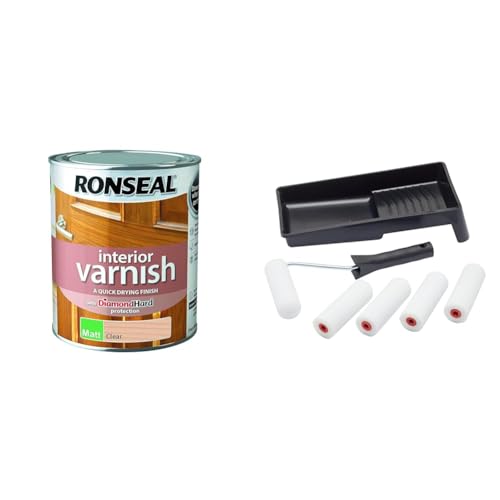 Ronseal Interior Varnish Matt Clear 750ml & Fit for The Job 7 pc Foam Mini Paint Roller Set for Painting with Gloss & Satin, Small Roller