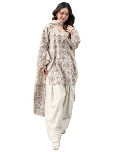 Image of ANNI Designer Farshi Salwar Suit for Women Cotton Printed | Kurta Dupatta Set for Woman | Straight Palazzo Outfit Round Neck V-Slit Long Sleeve Ethnic Dress Stylish Womens Clothing