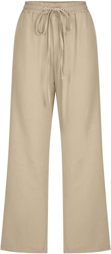 Linen Pants Women，Women Capri Pants, Casual Wide Leg, Elastic Drawstring Waist, Summer Straight Fit3
