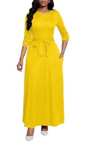 Image of BubFee Long Dress for Women Casual Long Sleeve Dresses Maxi Dress Empire Waist Loose with Belt